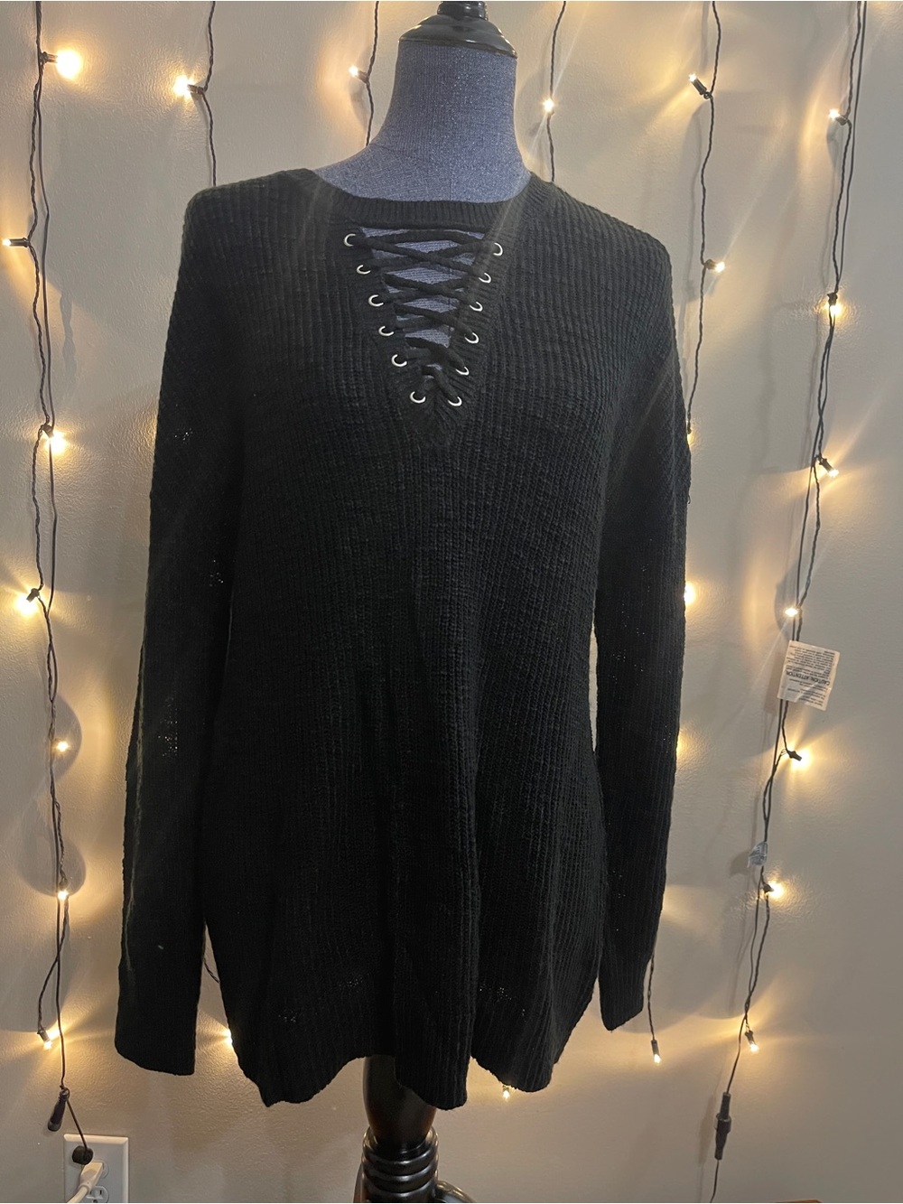 Torrid  Black Lace-Up V-Neck Ribbed Sweater